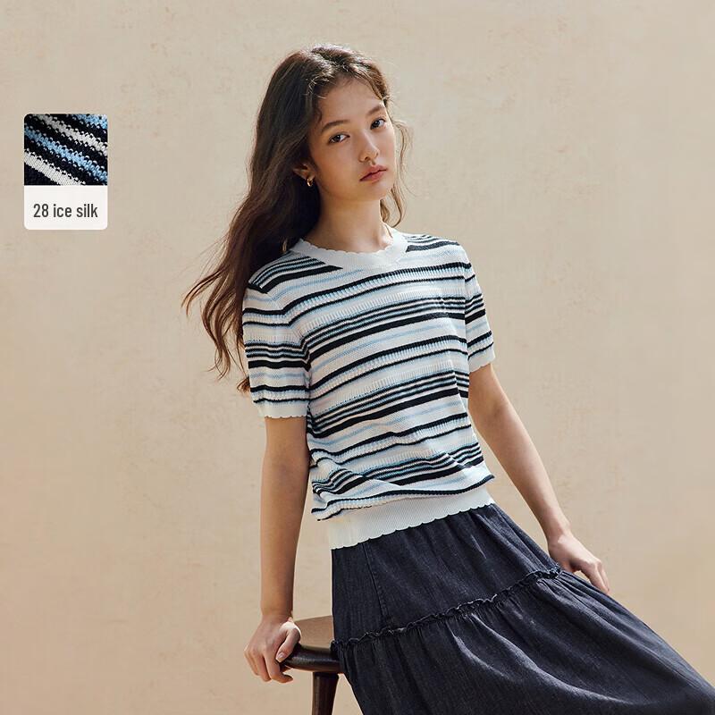 INMAN Women s Contrast Stripe Hollow Lace Knit Top M