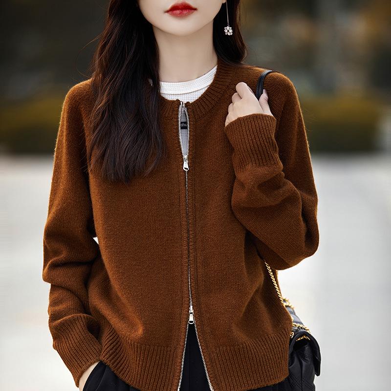Women's Round Neck Double Zipper Thick Knit Cardigan Sweater, Loose Fit, Japanese Korean Casual Style