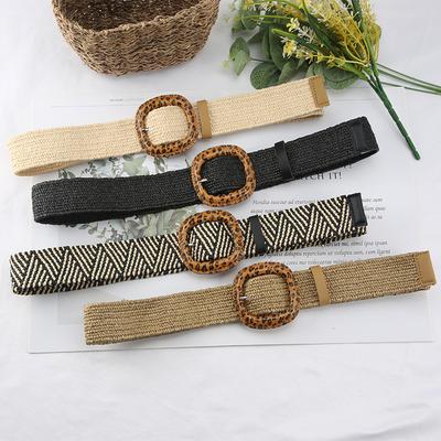Pp Grass Woven Belt Women'S Retro Cotton And Linen Ethnic Style Dress Waist Seal Leopard Print Buckle Decorative Belt