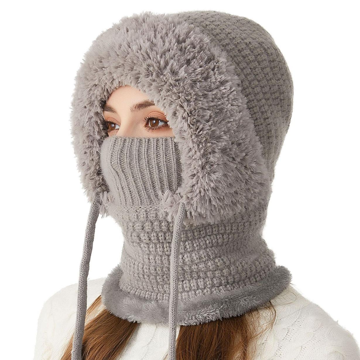 

3 in 1 Beanie Hat for Women Winter Cold Weather Knitted Hats Wind Resistant Hooded Scarf Thick Plush-Lined серый