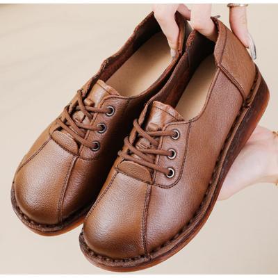 Cowhide Muffin with Thick Platform and Soft Platform Mother Shoes Spring and Autumn Vintage Single Shoes with Tendon Bottom