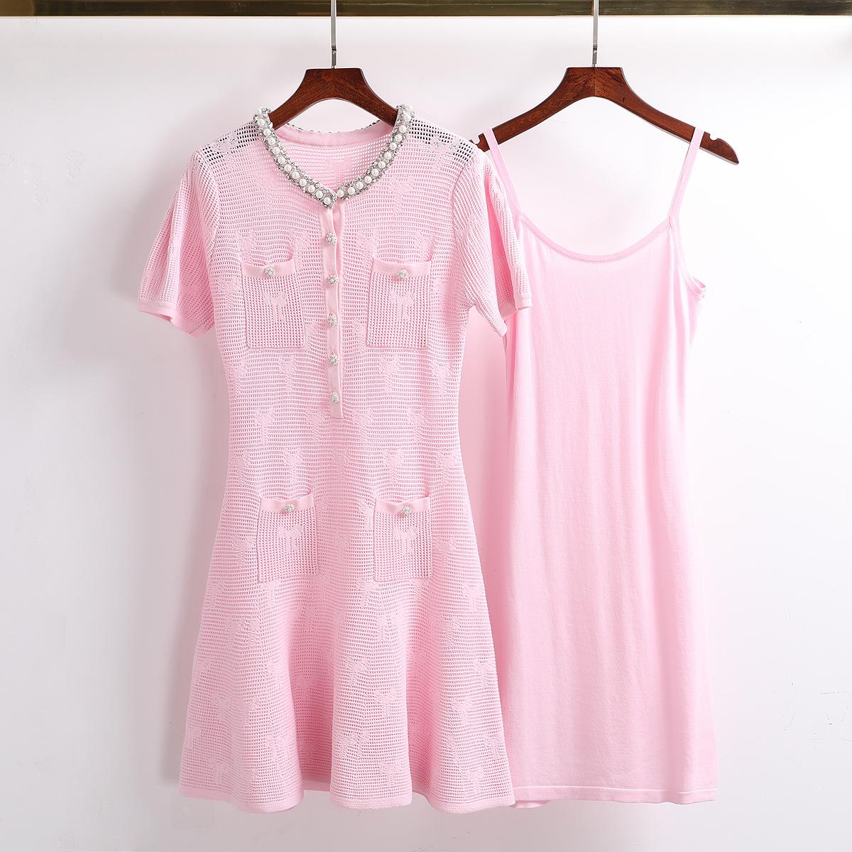 Cross-border summer women s clothing new short-sleeved elastic knitted pearl-encrusted diamond slim-fit dress solid color suspender set S