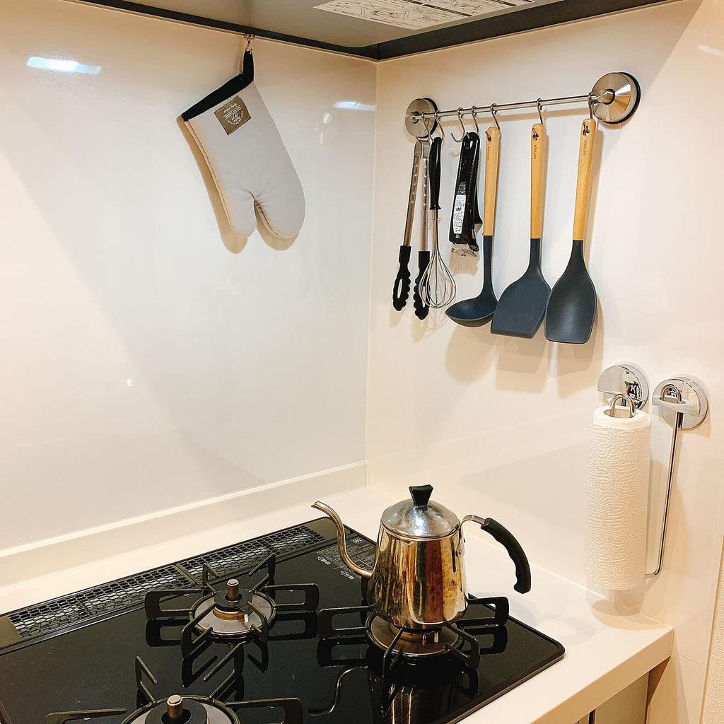 Poyway Kitchen Tool Hooks, Stainless Steel, Super Strong Suction Cup, 7 Movable Hooks, Bathroom & Kitchen Storage, Black Set of 2 (1 Black + 1 Silver)