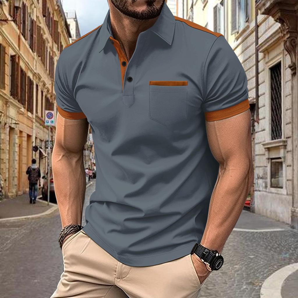 New Men's Casual Polo Shirt Solid Colour with Chest Pocket Flap Collar with Button Placket Contrasting Colour Panels Versatile T-Shirt