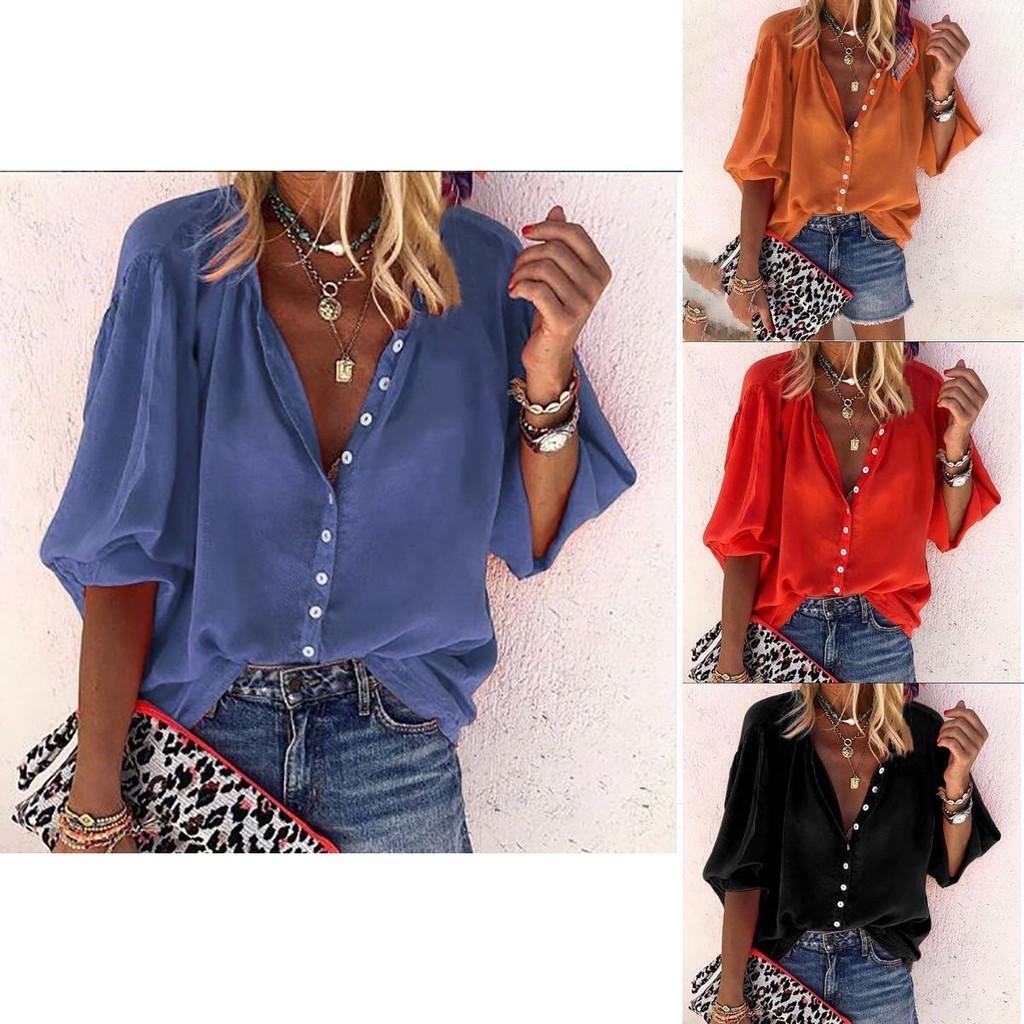 Elegante Top Camicia da Donna a Manica 3/4 Comodo Vestibilità Larga Camicetta Bottoni T-shirt