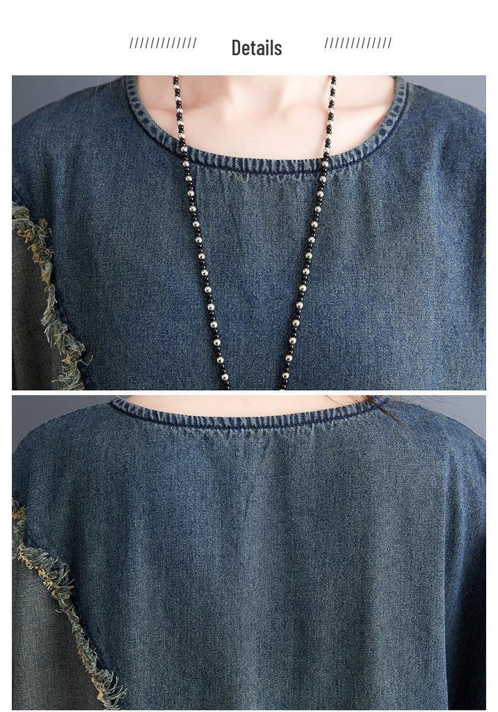 Women's Contrast Patchwork Denim Dress - Plus Size, Frayed, Loose, Mid-Length Skirt for Spring/Autumn