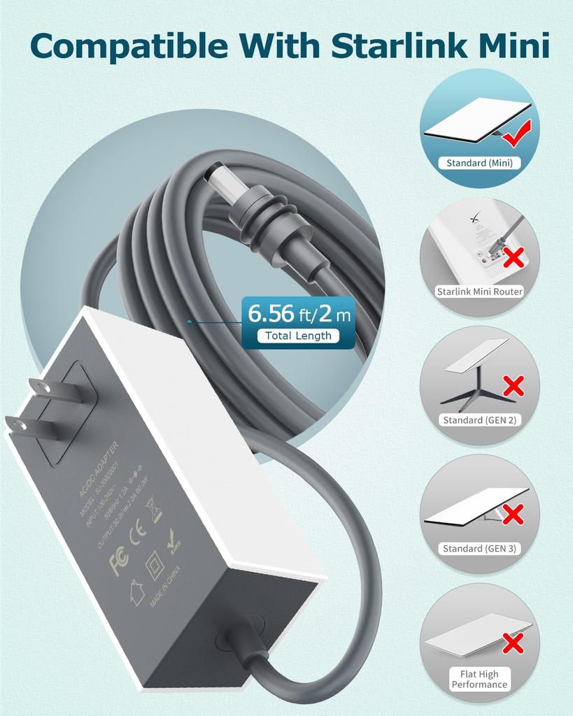 Starlink Mini Power Supply Adapter 30V 2A 60W AC To DC Charger 110V 240V Input Waterproof Wall Plug with 2M DC Power Cable for Starlink Mini Dish