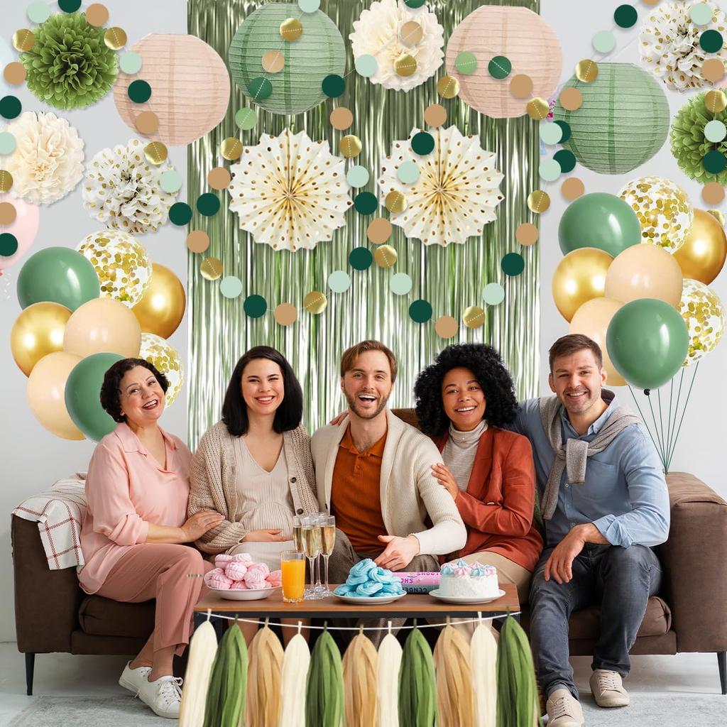 Bridal Shower Decorations Sage Green Party Decorations Bridal Shower Balloons Paper Pompoms Fringe Curtain for Wedding Bachelorette Bride To Be Party