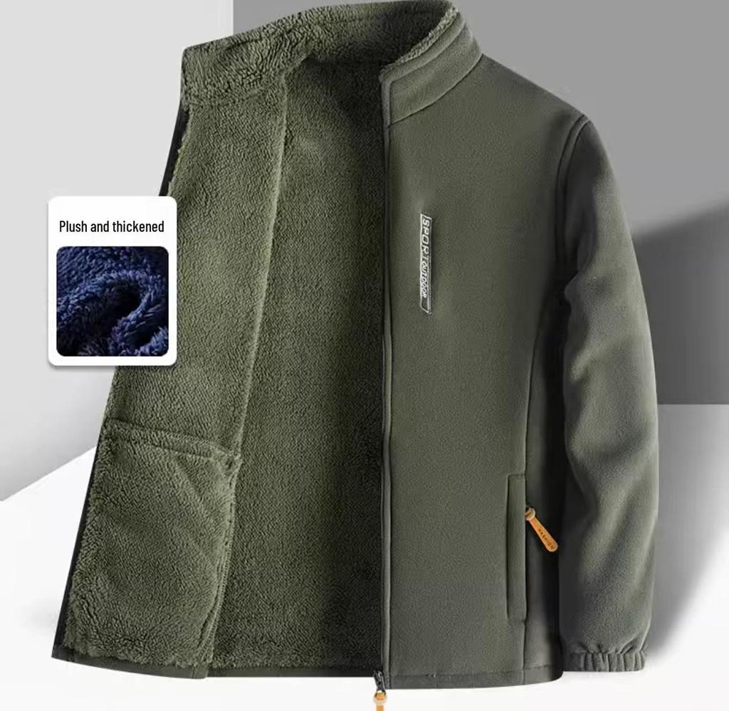Plus Size Men's Outdoor Jacket - Thickened Velvet Lining, Solid Color, Autumn/Winter Casual Fleece