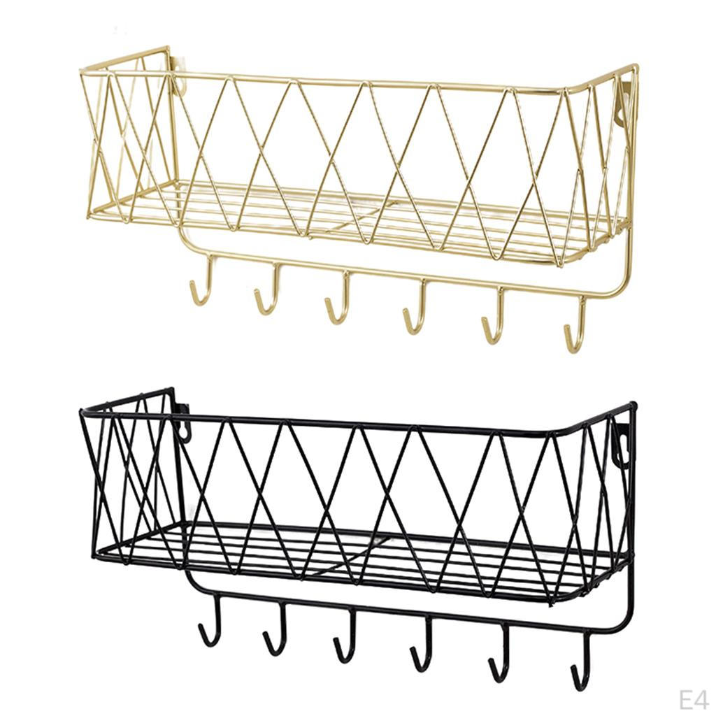 Bathroom Shelf, Kitchen Wall Spice Shelf with 6 Hooks & Rod Letter Tray
