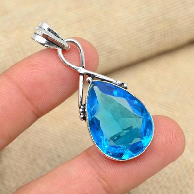 AAA+ Blue Topaz Gemstone Solid 925 Sterling Silver Jewelry Handmade Beautiful Pendant