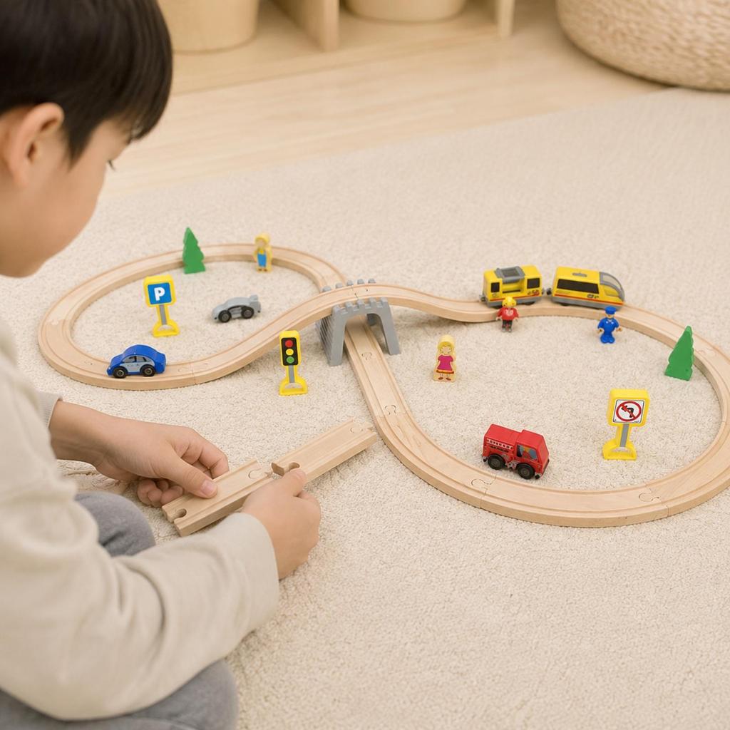 Wooden Train Set Interactive Beech Wood Railway Track Toy with Bridge Safe