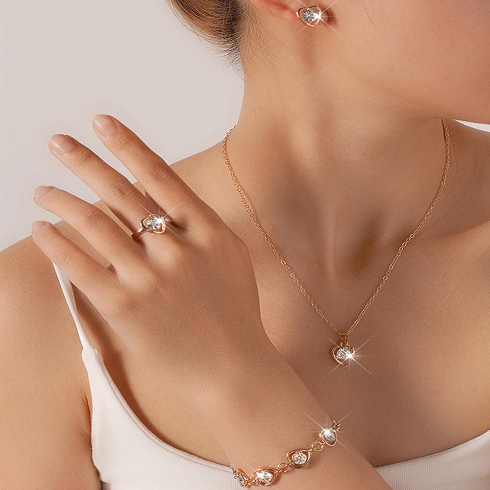 5pcs Women Zircon Set, Fashionable and Casual Heart Necklace, Bracelet, Ring, Earring Zircon Set, Suitable for Daily Wear, Gif