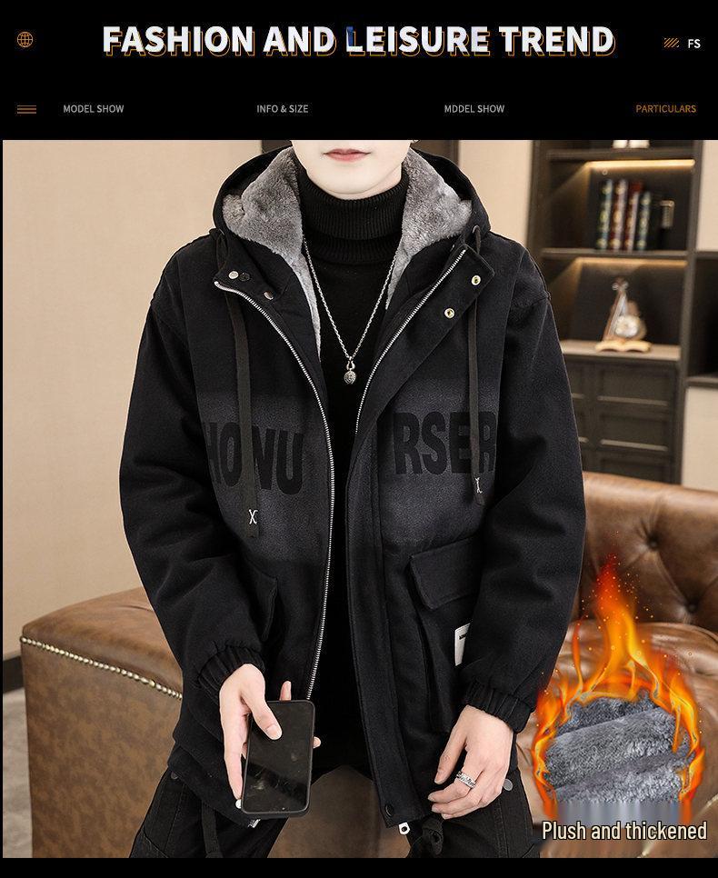 Trendy Mid-Length Men’s Winter Denim Parka with Plus Velvet Hood