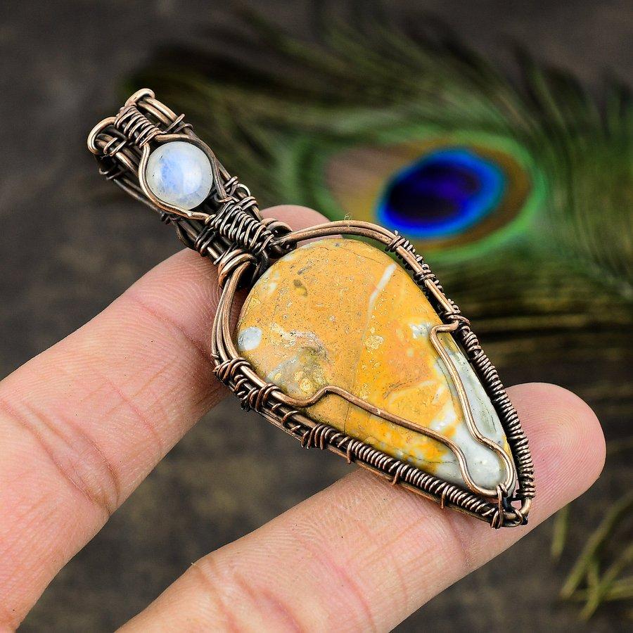 Malinga Jasper, Moonstone Copper Wire Wrap Jewelry Pendant 2.76" B6B06