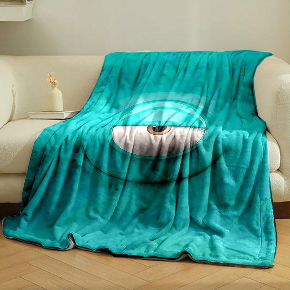 A single eye on a smooth teal background with curved smile-like contours. for all seasons blanket lunch break throw gift