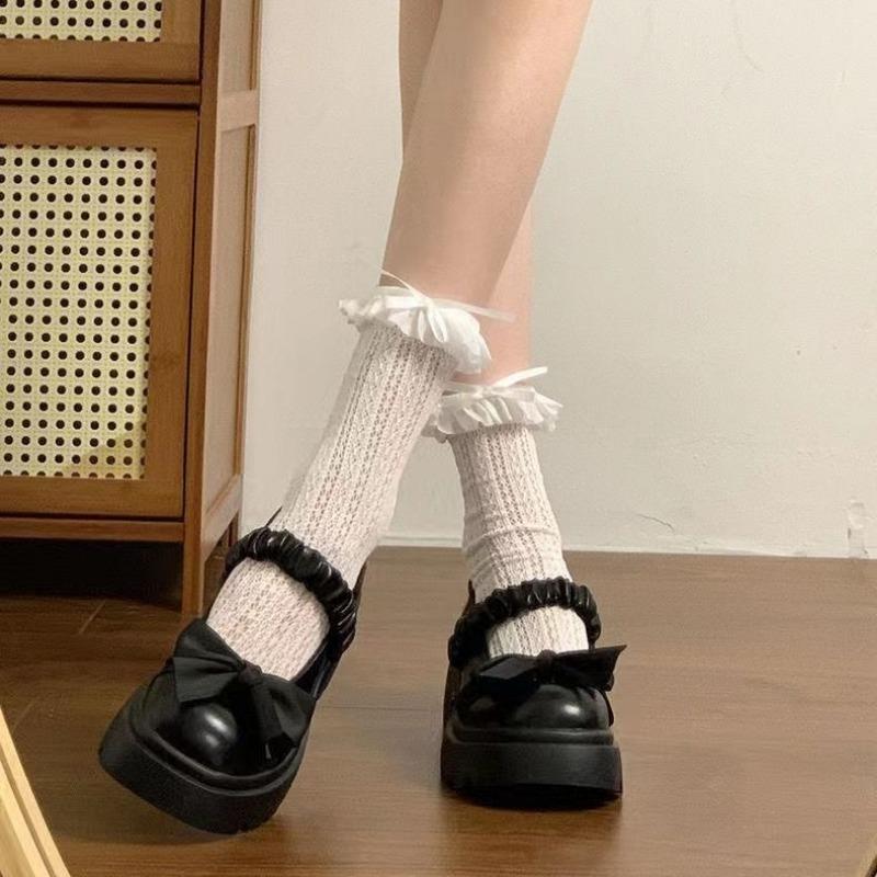 Fashion Japanese Style bowknot JK Thick Heel Mary Jane Women's Shoes Summer Vintage French Slip-On PU Leather Chunky Cosplay Pumps