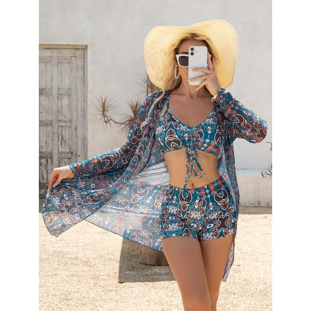 Bikini de Tres Piezas para Mujer con Pantalones Cortos tipo Boy Short, Bañador de Moda con Lazo y Cubre Traje de Playa