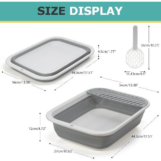 Foldable Cat Litter Box, Large Height-Adjustable Anti-Splash Open Air Kitty Litter Pan, Easy Clean with Scoop (Gray)