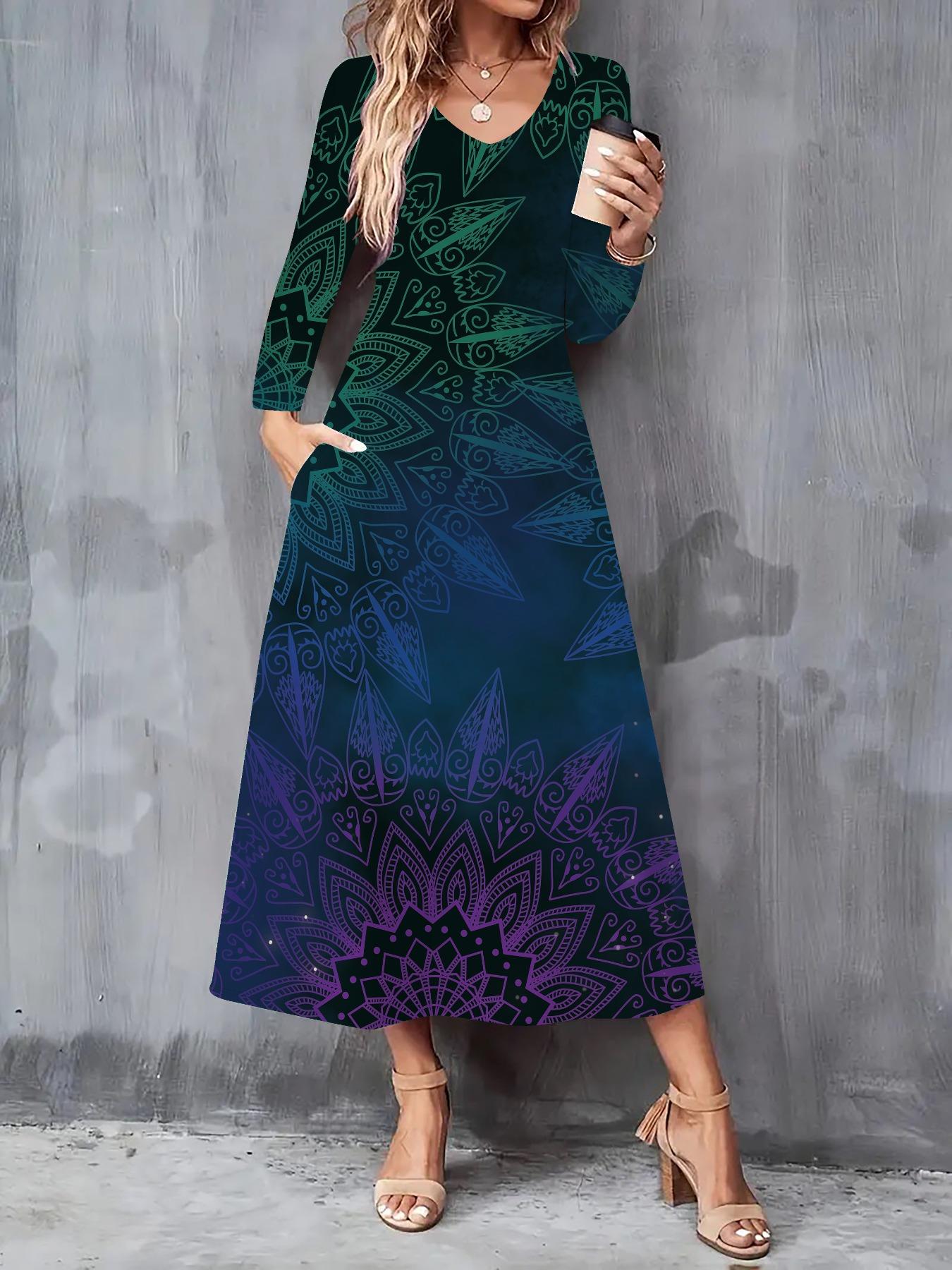 

2025 Осень и Зима Новое Женское Повседневное Модное Платье 3D Ретро Принт с Узором Длинный Рукав V-образный Вырез А-силуэт Платья XXL синий