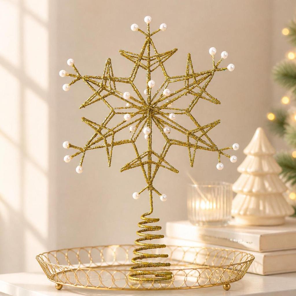 Wrought Iron Snowflake Pearl Star Christmas Tree Topper Ornament