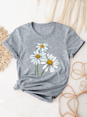 T-shirt Imprimé Marguerites pour Femme T-shirt Illustration de Mode Design Simple Montrant un Style Naturel et Élégant Adapté aux Loisirs Quotidiens