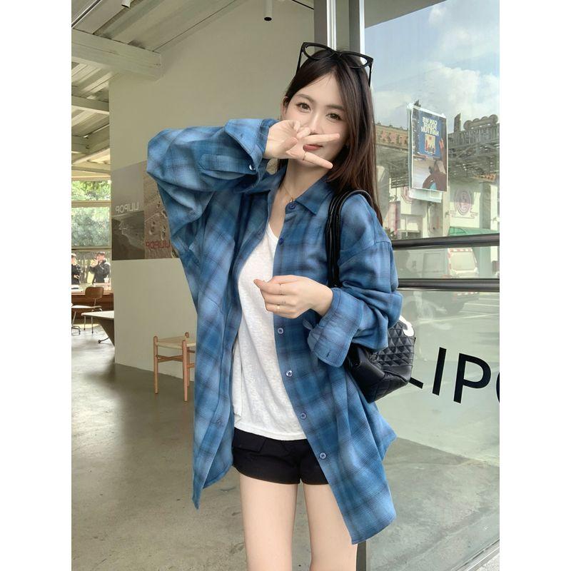 Kumikumi Idle Style Blue Gingham Brushed Long Sleeve Shirt Women's Clothing Fall Mid-Length Loose Slim Looking
