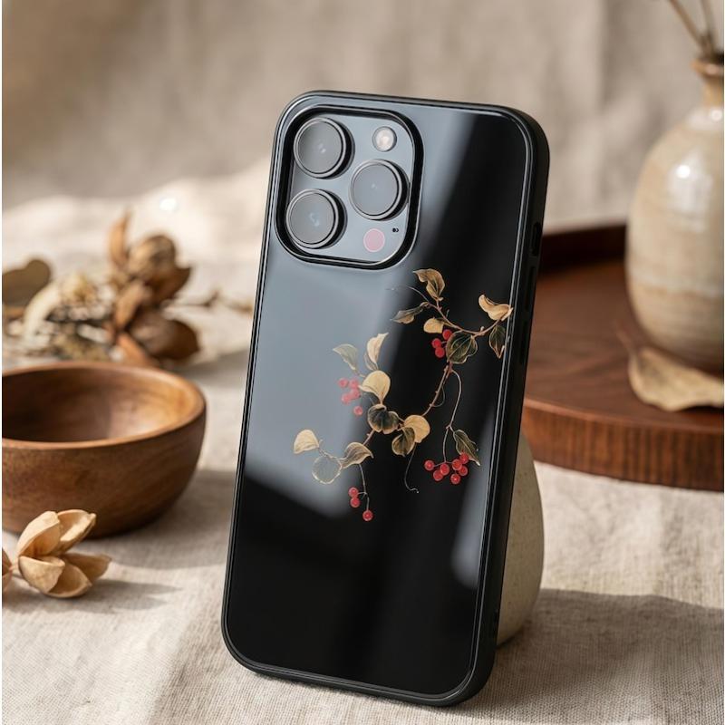 

1 шт. Чехол для телефона Малиновый Цветочный Чернильная Живопись Закаленное Стекло Защитный Чехол для iPhone 17 Air 16 15 14 Pro Max Ретро Эстетика For iPhone11