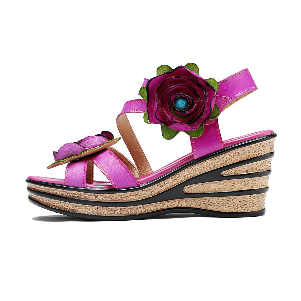 Johnature Vintage-Blumen-bequeme Sommer-Wedges-Sandalen aus echtem Leder, handgefertigt, ethnischer Stil, Damenschuhe