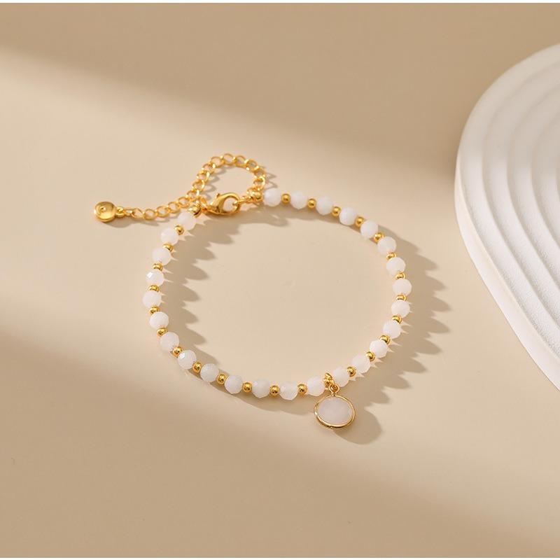 Sweet Handmade Pink Jade Beaded Bracelet With Glass Diamond Pendant For Women