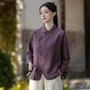 Women Vintage Shirts Tops Spring Chinese Style Solid Color Turn-down Collar Long Sleeve Shirts