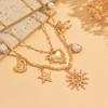 2PCS Layered Charm Necklace Gold Tone Sun Heart Star Bow Imitate Baroque Pearl Boho Western Summer Beach Vacation Jewelry