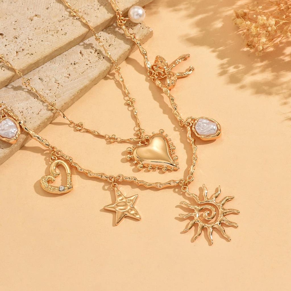 2PCS Layered Charm Necklace Gold Tone Sun Heart Star Bow Imitate Baroque Pearl Boho Western Summer Beach Vacation Jewelry