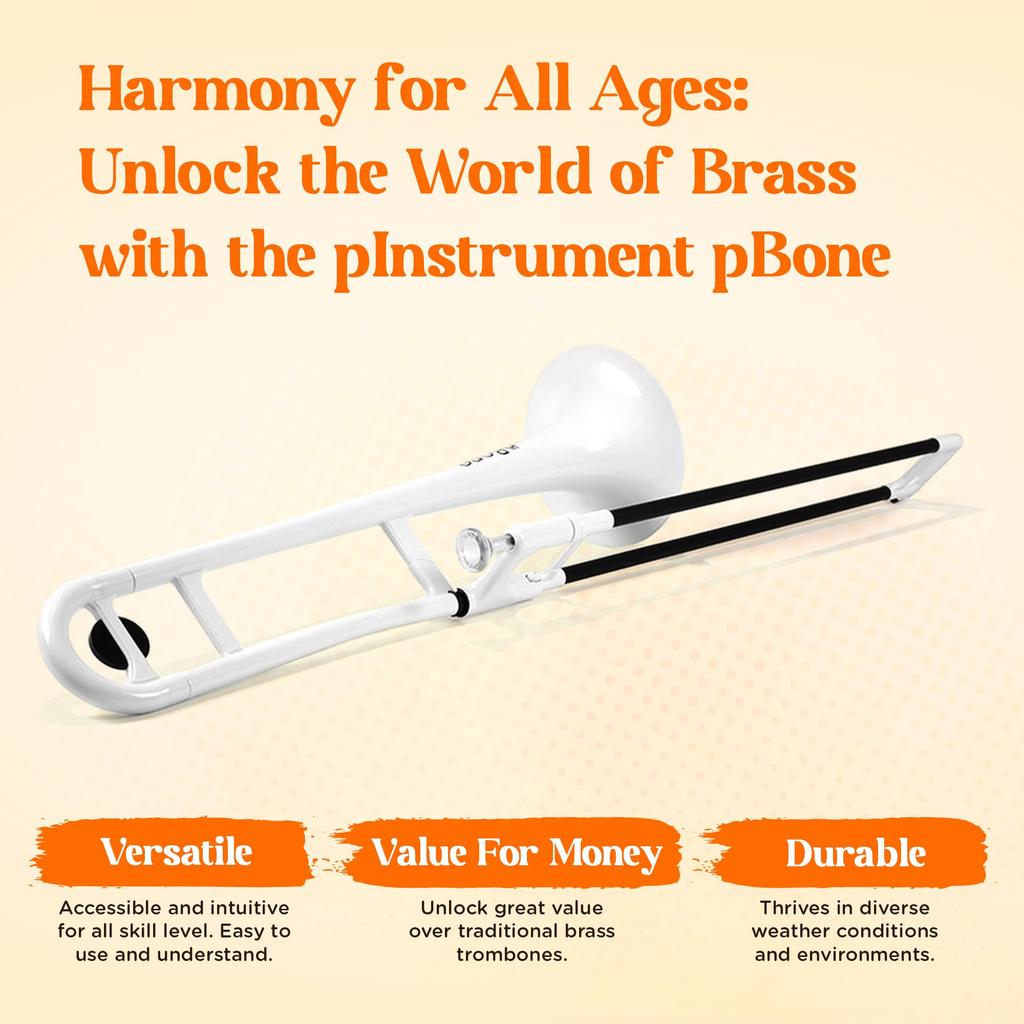 pInstruments pBONE PBONE1W Plastic Tenor Trombone In Made of Lightweight and Durable ABS with Antibacterial White Mouthpiece and Carrying Bb,