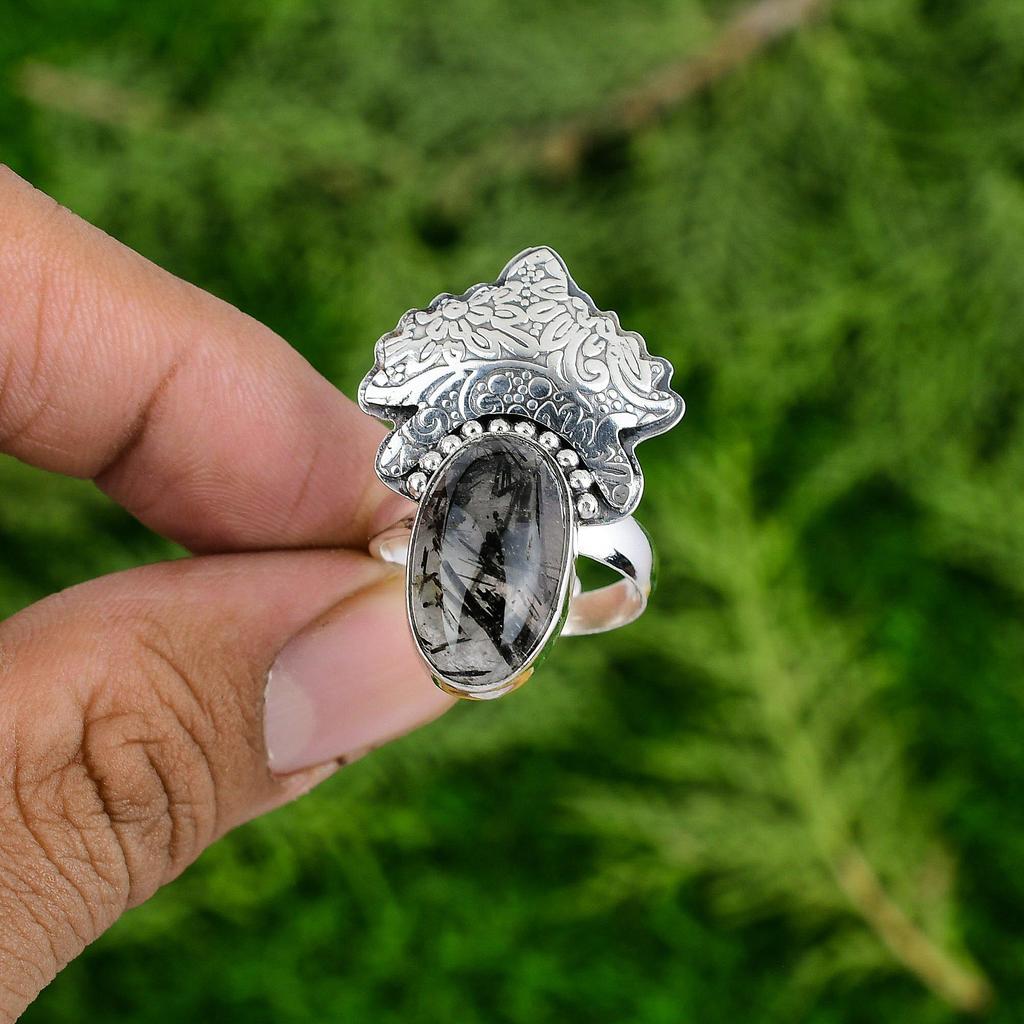 Black Rutilated Quartz Stone 925 Sterling Silver Daughter Wedding Statement Ring