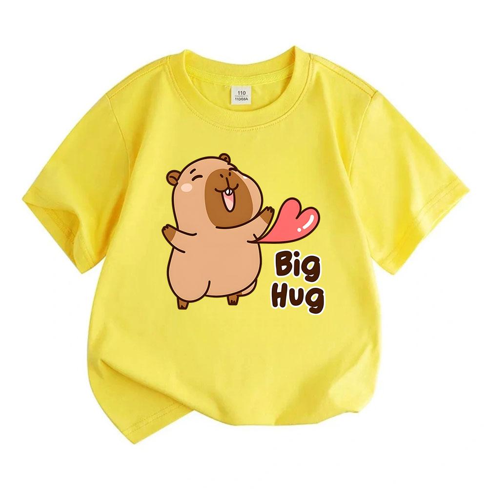 Kids Boys Girls Crew Neck Short Sleeve 100% Cotton T-Shirt, Cute Cartoon Capybara Big Hug Pattern Casual Soft Comfortable Tee for Daily Wear Holiday G