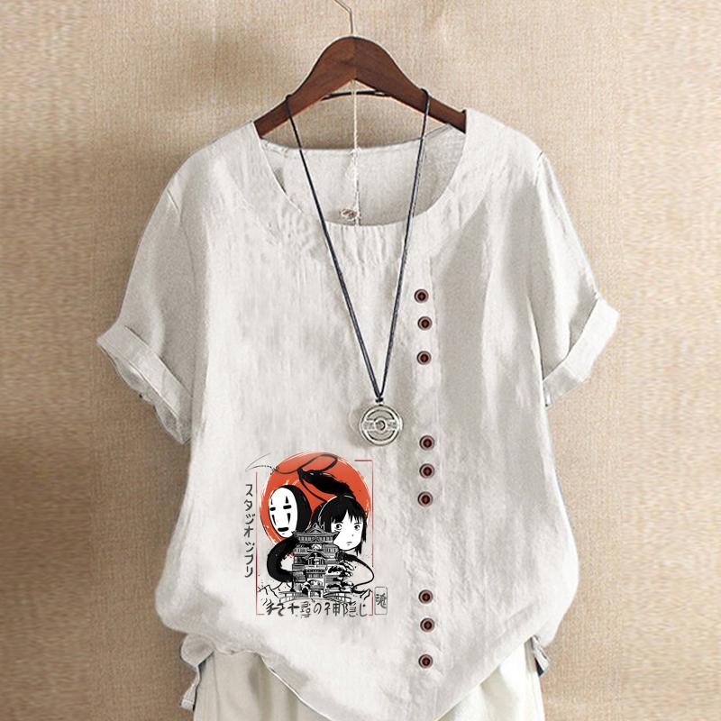 Damenmode Cartoon-Figuren Bedrucktes Kurzarm-T-Shirt Lockeres Baumwollhemd Lässige Lockere Sommerbluse Tops