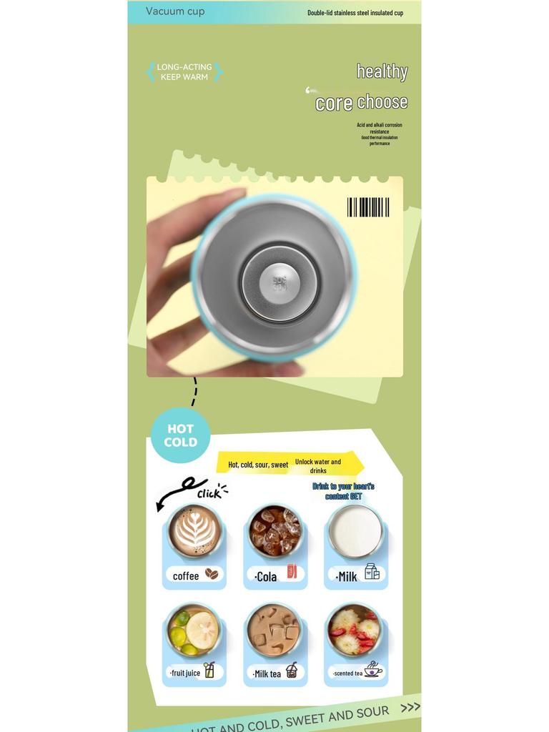 Double-Drink Lid Stainless Steel Insulated Sports Cup with Straw, Large Capacity, Flip-Top, Carry Rope