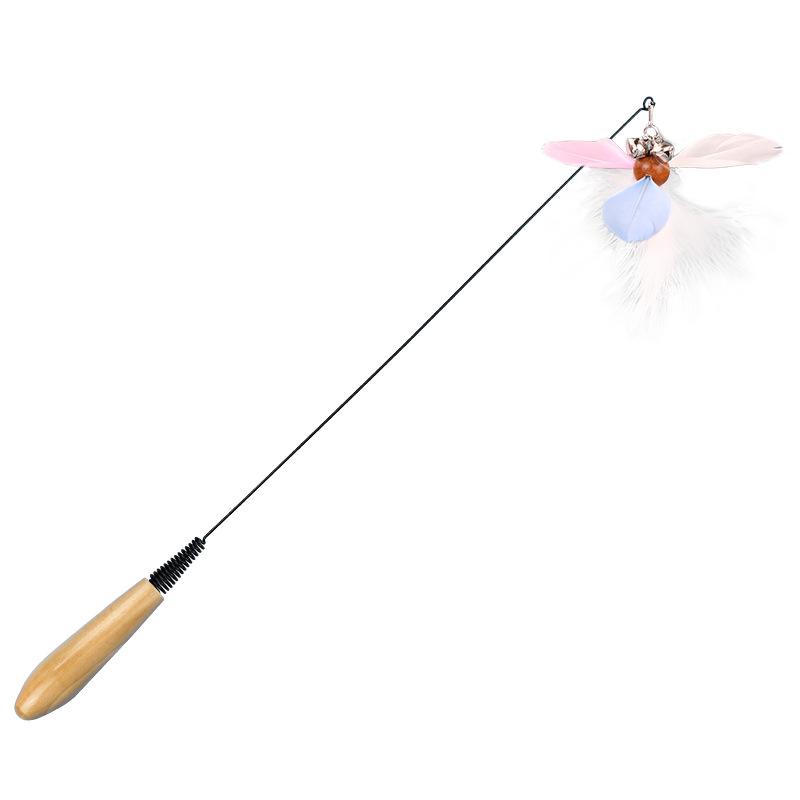 Katzenangel mit Holzgriff, Feder und Glöckchen, interaktives Katzenspielzeug, Katzenangel