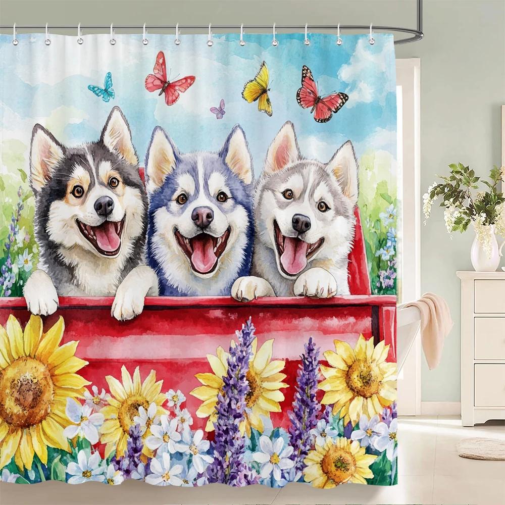 Funny Cat And Dog Shower Curtain Animal Beach Printed Bathroom Bath Curtain Home Decor With Hooks