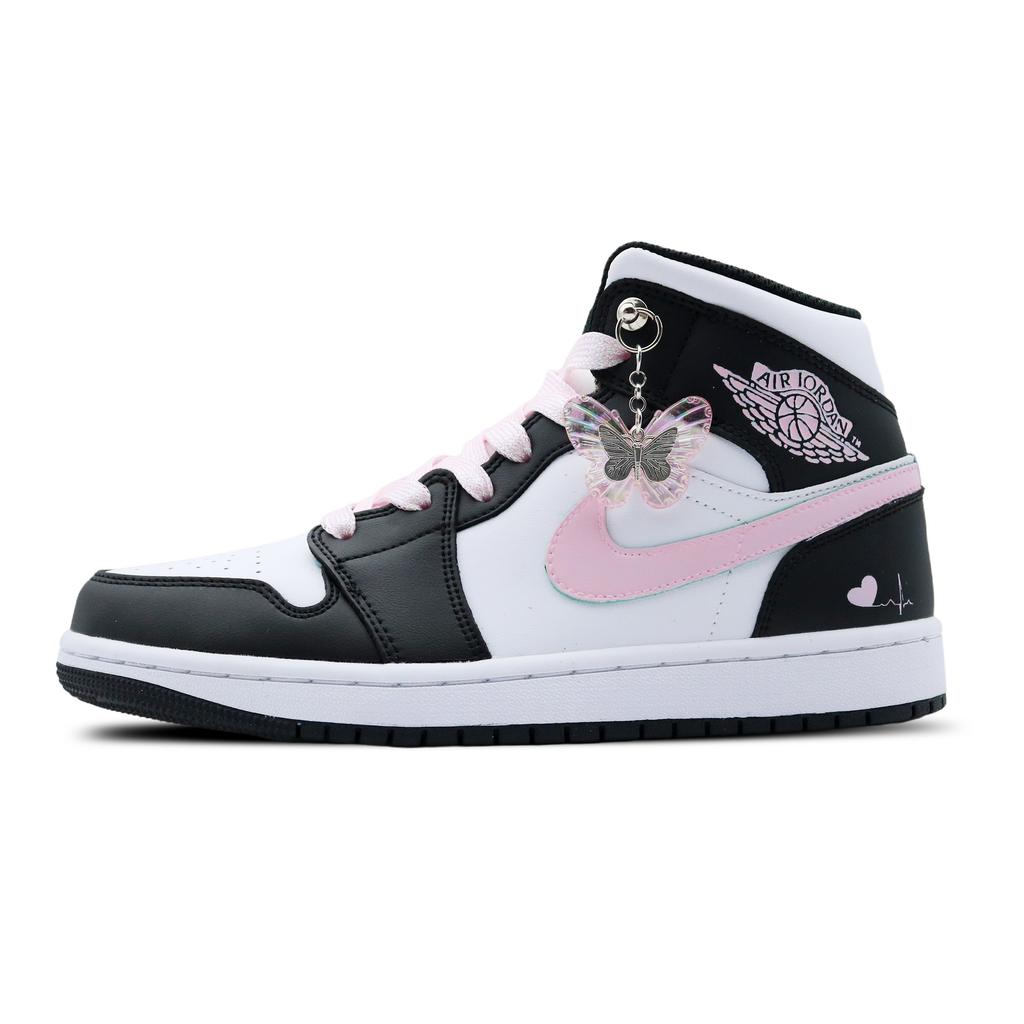 Jordan Air Jordan 1 Skórzane Amortyzacja, Odporne na Ścieranie Wysokie Buty Koszykarskie Vintage Damskie Czarne Różowe Białe DQ8423-103(Zespół-)
