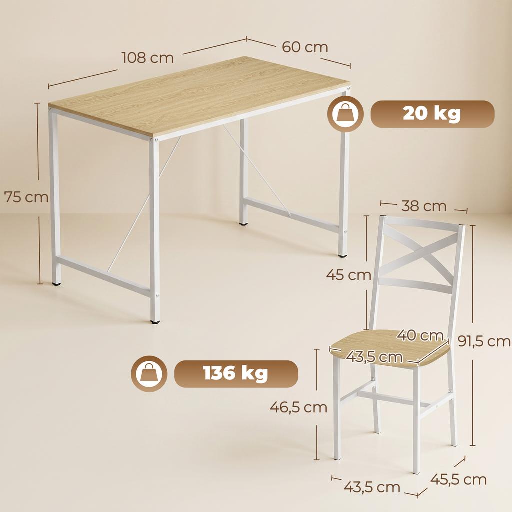 Dining Table Set with 4 Chairs, Natural Wood and White