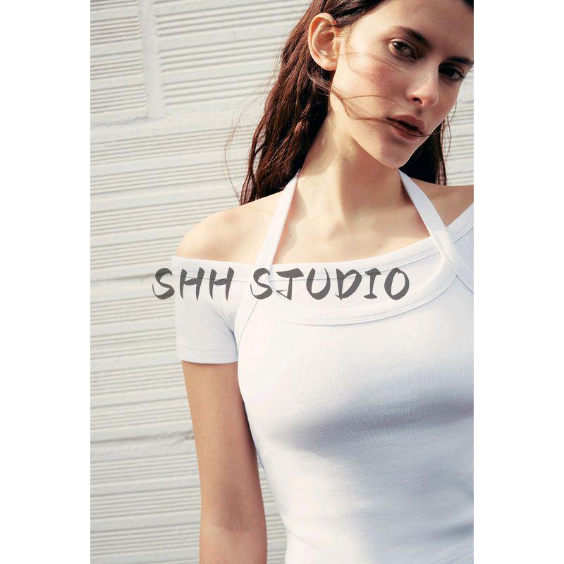 Spring and Summer New Women's Clothing Ins Style Minimalist Cotton Blend Double-Layer Design Boat Neck Short Sleeve Short Top 4174334