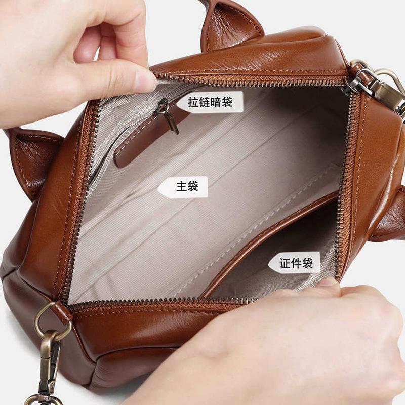 2025 New Model Top Layer Vegetable-Tanned Cowhide Handbag Boston Pillow Bag Vintage Women's Shoulder Bag Soft Leather Crossbody Bag