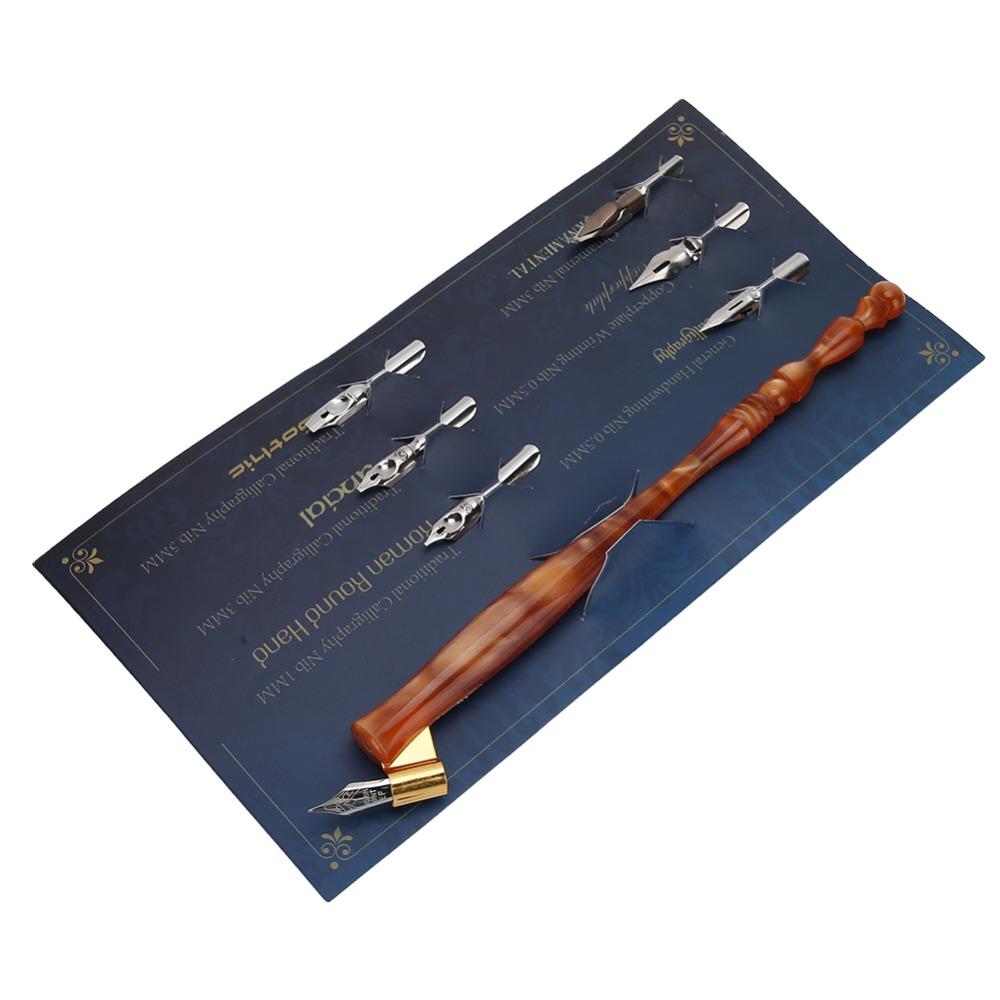 7pcs Flat Nibs Calligraphy Dip Pen Resin Handle Oblique Pen Holder Antique Dip Pen Set  For Artists