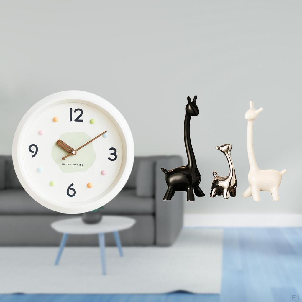 Modern Wall Clock Giraffe Figurines Ceramic Statue Hanging Round No Ticking Quiet Large Numerals