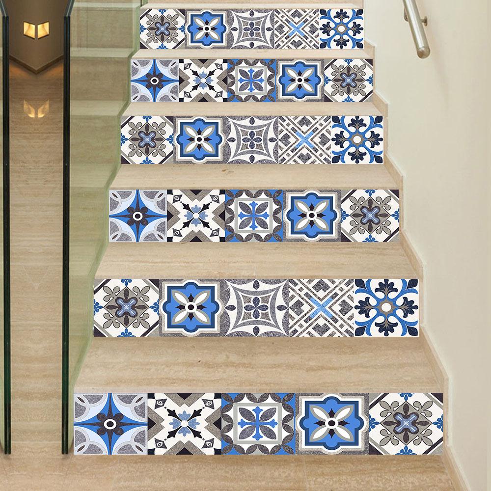 10Pcs Moroccan Blue and Grey Mandala Tile Stickers Frosted Matte Wall Floor Decals Waterproof Peel and Stick Backsplash Panel for Kitchen Bathroom