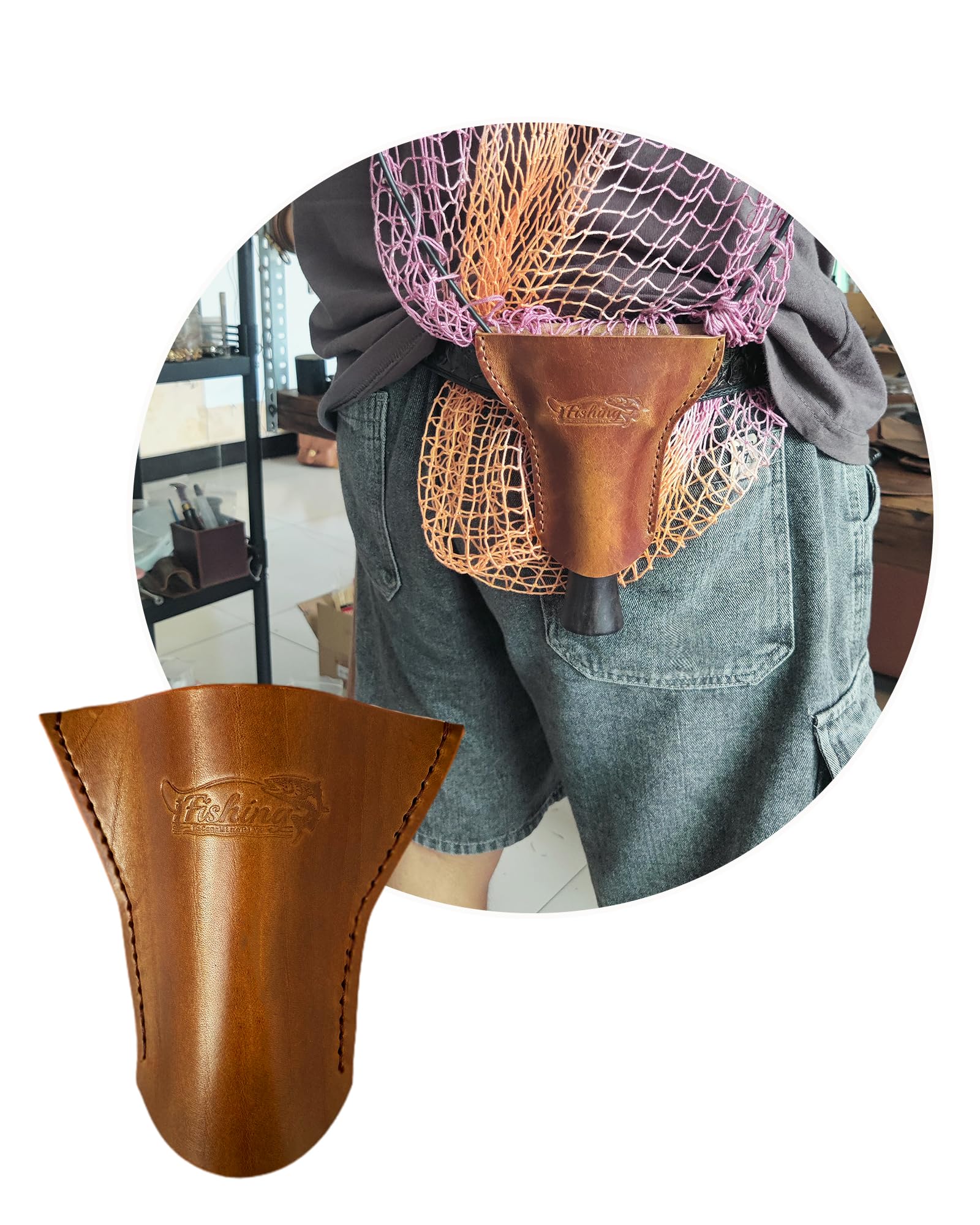 

Leather landing net holster for standard size fishing,