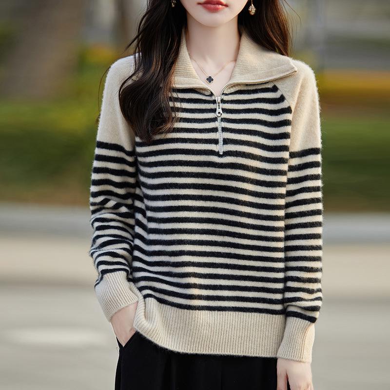 Women's 100% Pure Wool High Neck Half Zip Cashmere Sweater - Loose Knit Pullover