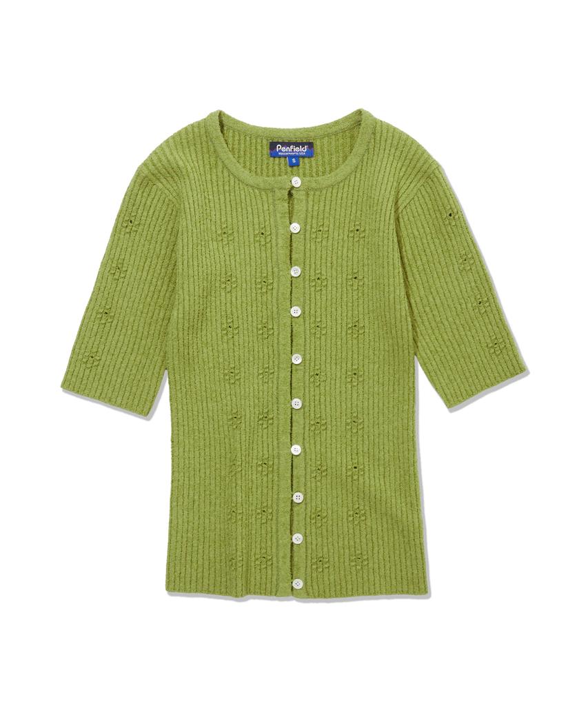 PENFIELD Round Neck Boucle Ribbed Flower Accent Short Sleeve Cardigan Green_Fs2Nj05F